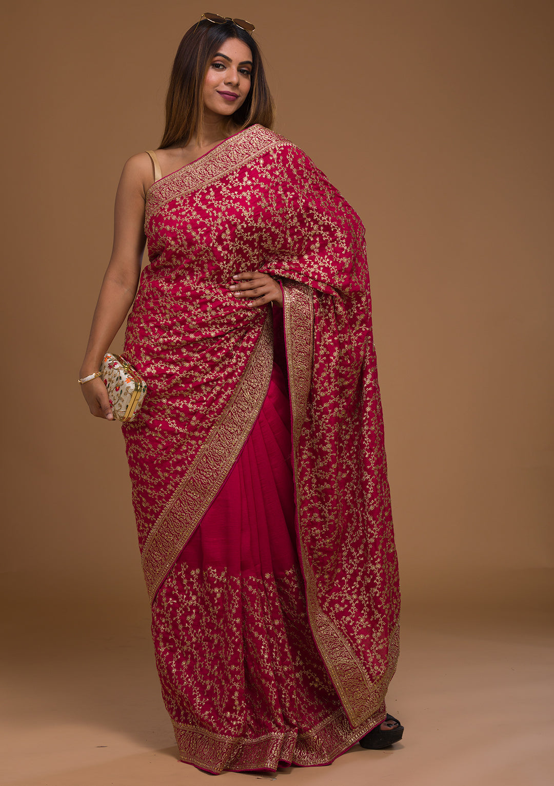Rani Pink Zariwork Georgette Designer Saree-Koskii