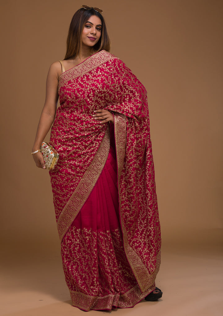 Rani Pink Zariwork Georgette Designer Saree-Koskii