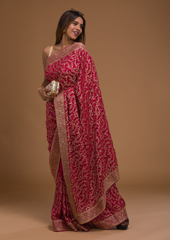 Rani Pink Zariwork Georgette Designer Saree-Koskii