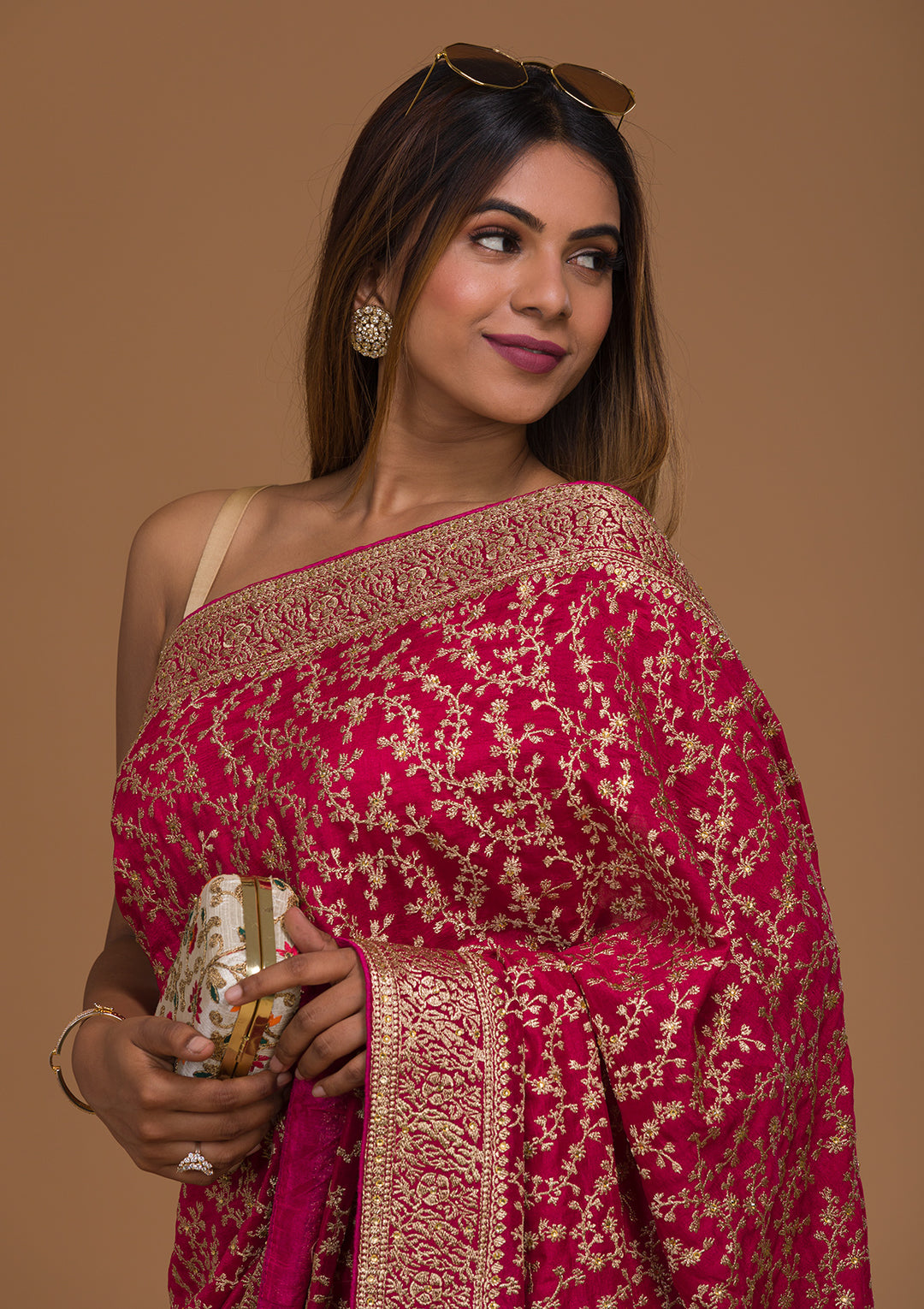 Rani Pink Zariwork Georgette Designer Saree-Koskii