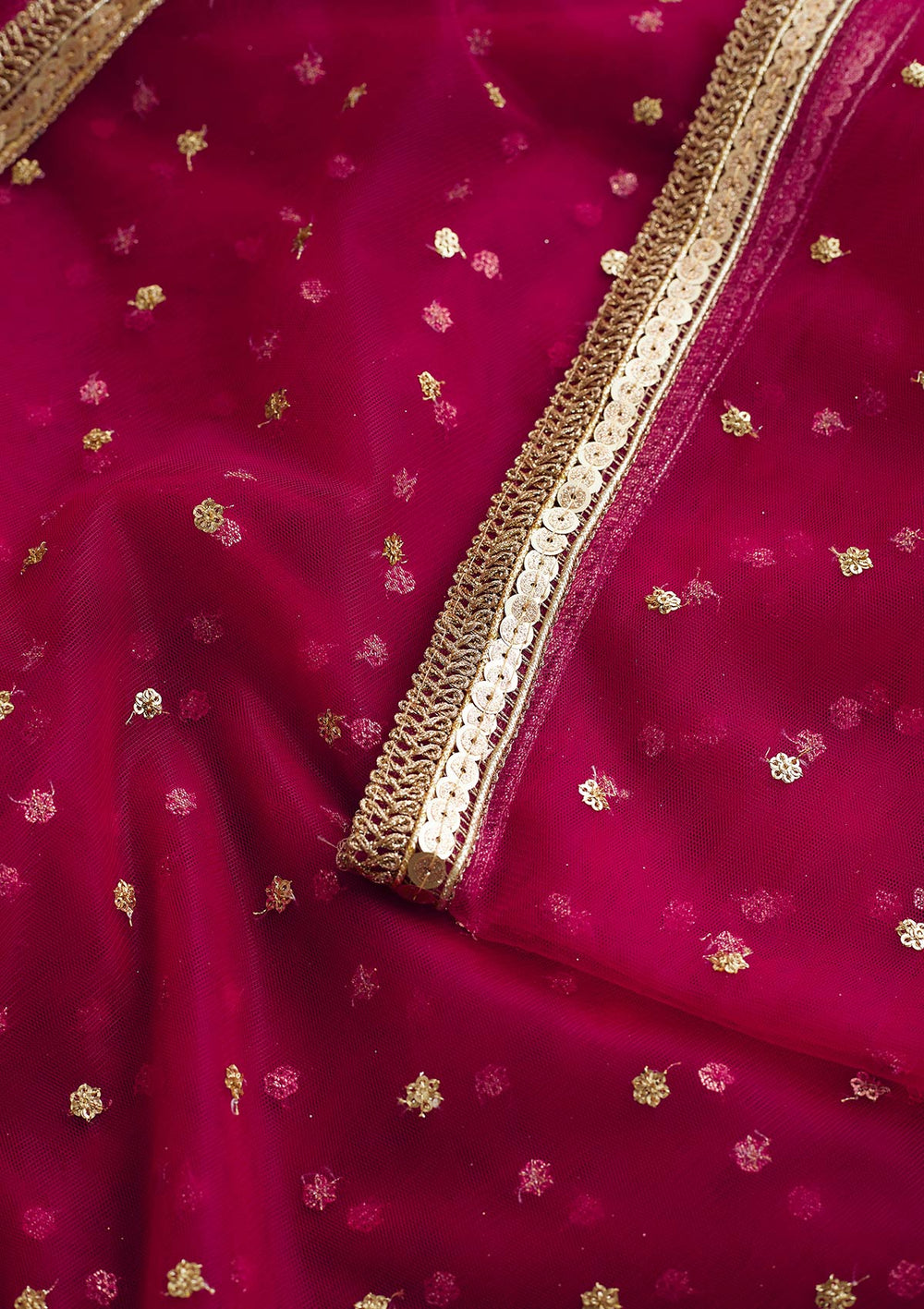 Rani Pink Zariwork Net Readymade Dupatta-Koskii