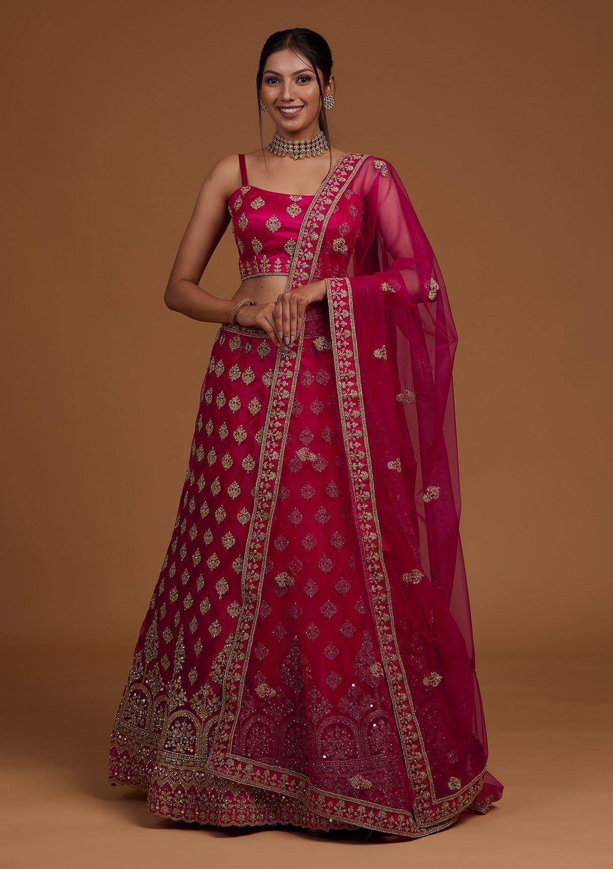 Rani Pink Zariwork Net Designer Lehenga-Koskii