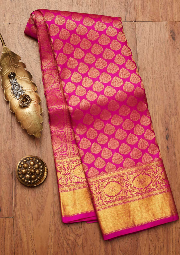 Rani Pink Zariwork Pure Silk Designer Saree - koskii