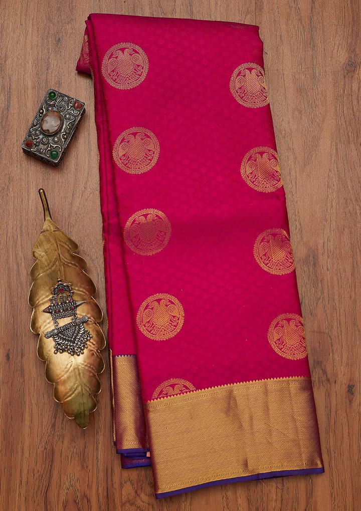 Rani Pink Zariwork Pure Silk Designer Saree - koskii