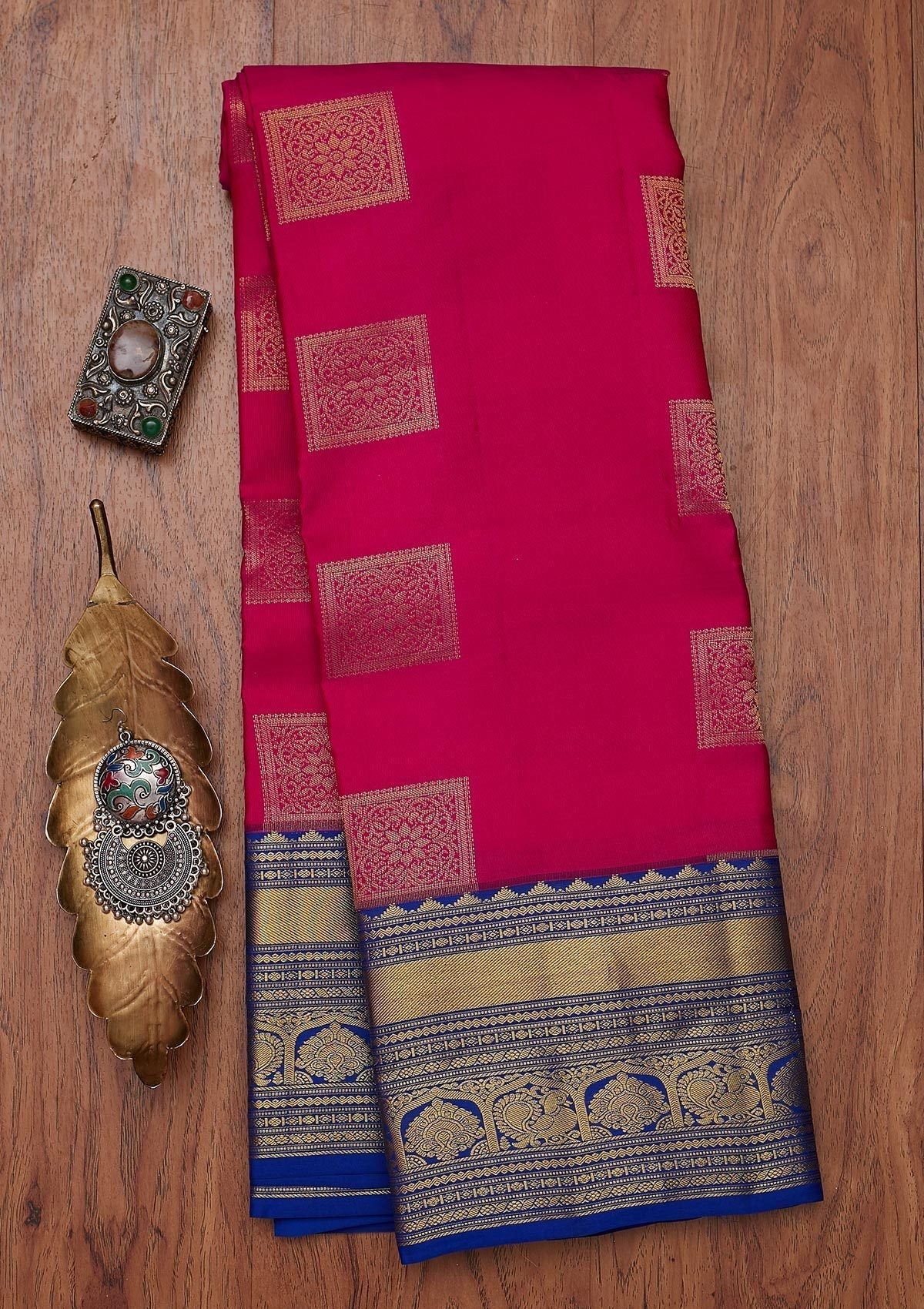 Rani Pink Zariwork Pure Silk Designer Unstitched Saree - Koskii