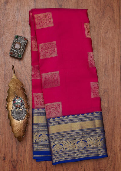 Rani Pink Zariwork Pure Silk Designer Unstitched Saree - Koskii