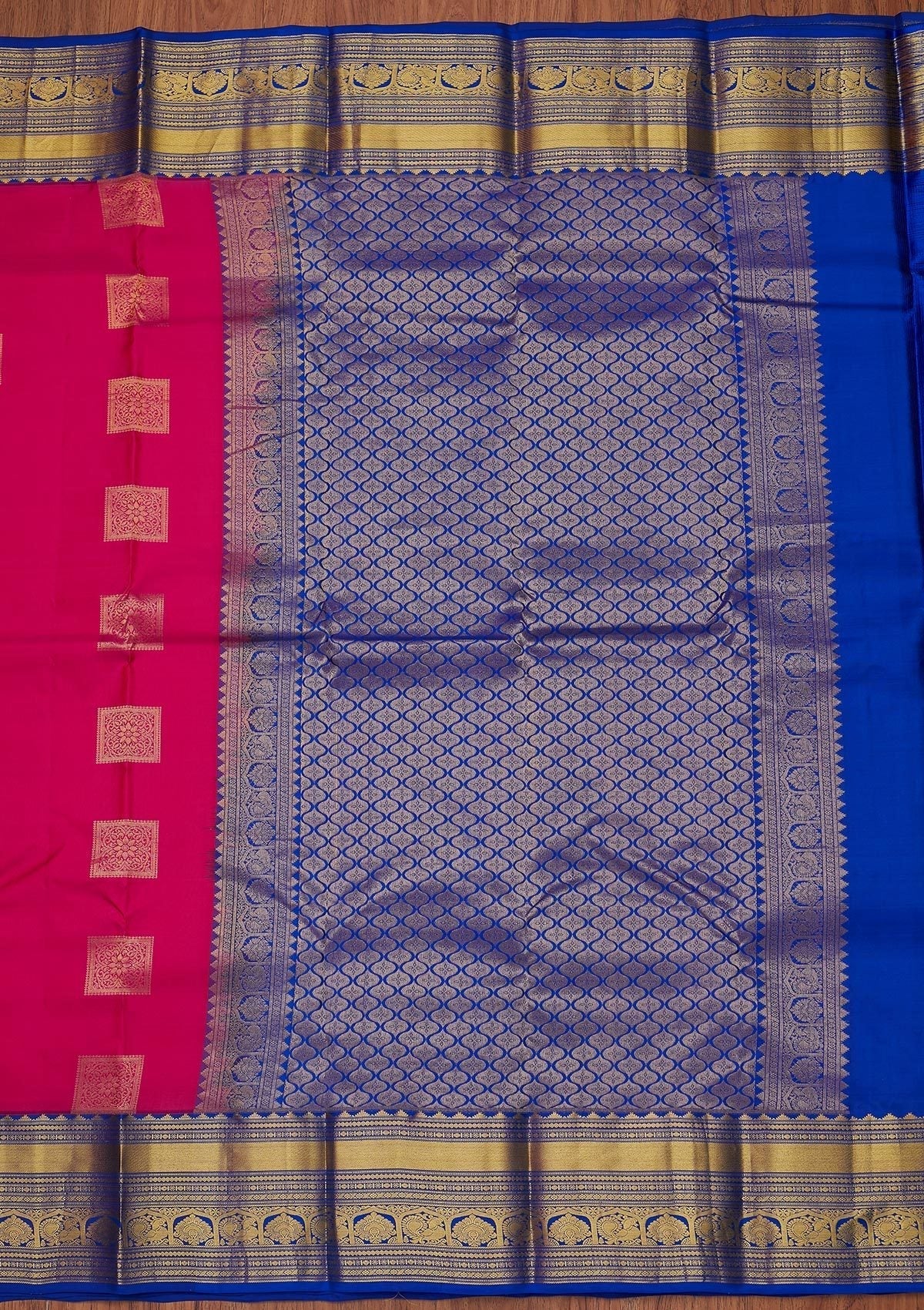 Rani Pink Zariwork Pure Silk Designer Unstitched Saree - Koskii