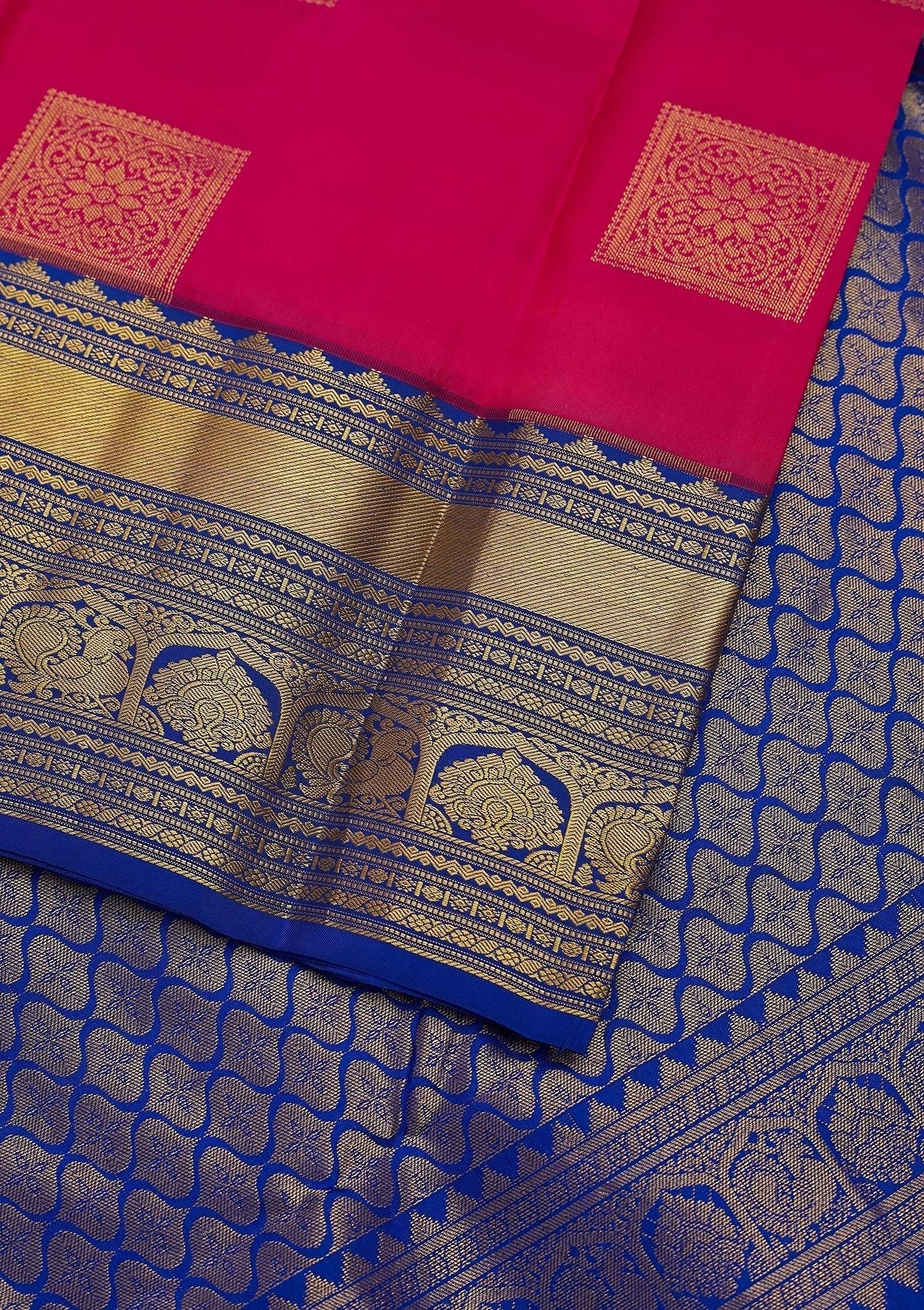 Rani Pink Zariwork Pure Silk Designer Unstitched Saree - Koskii