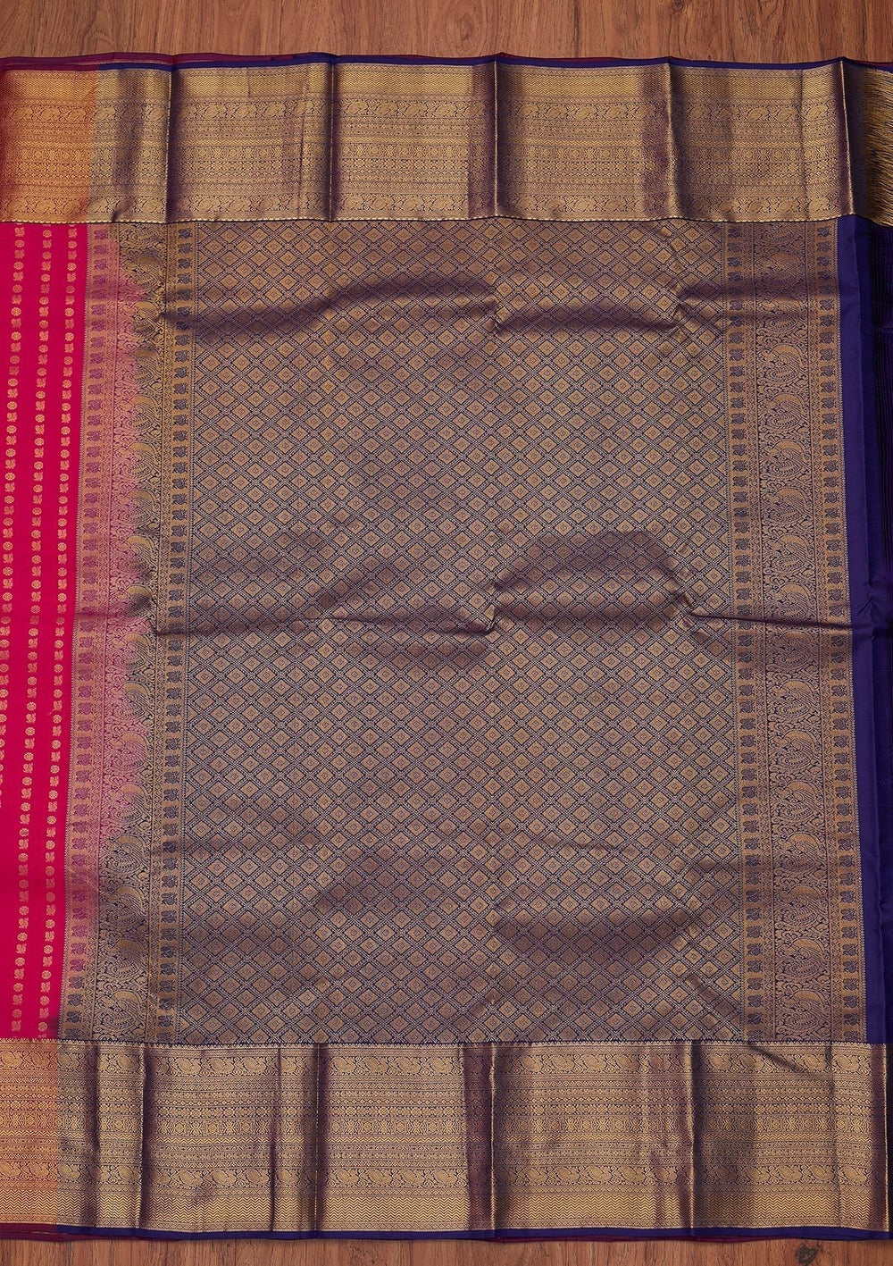 Rani Pink Zariwork Pure Silk Designer Unstitched Saree - Koskii