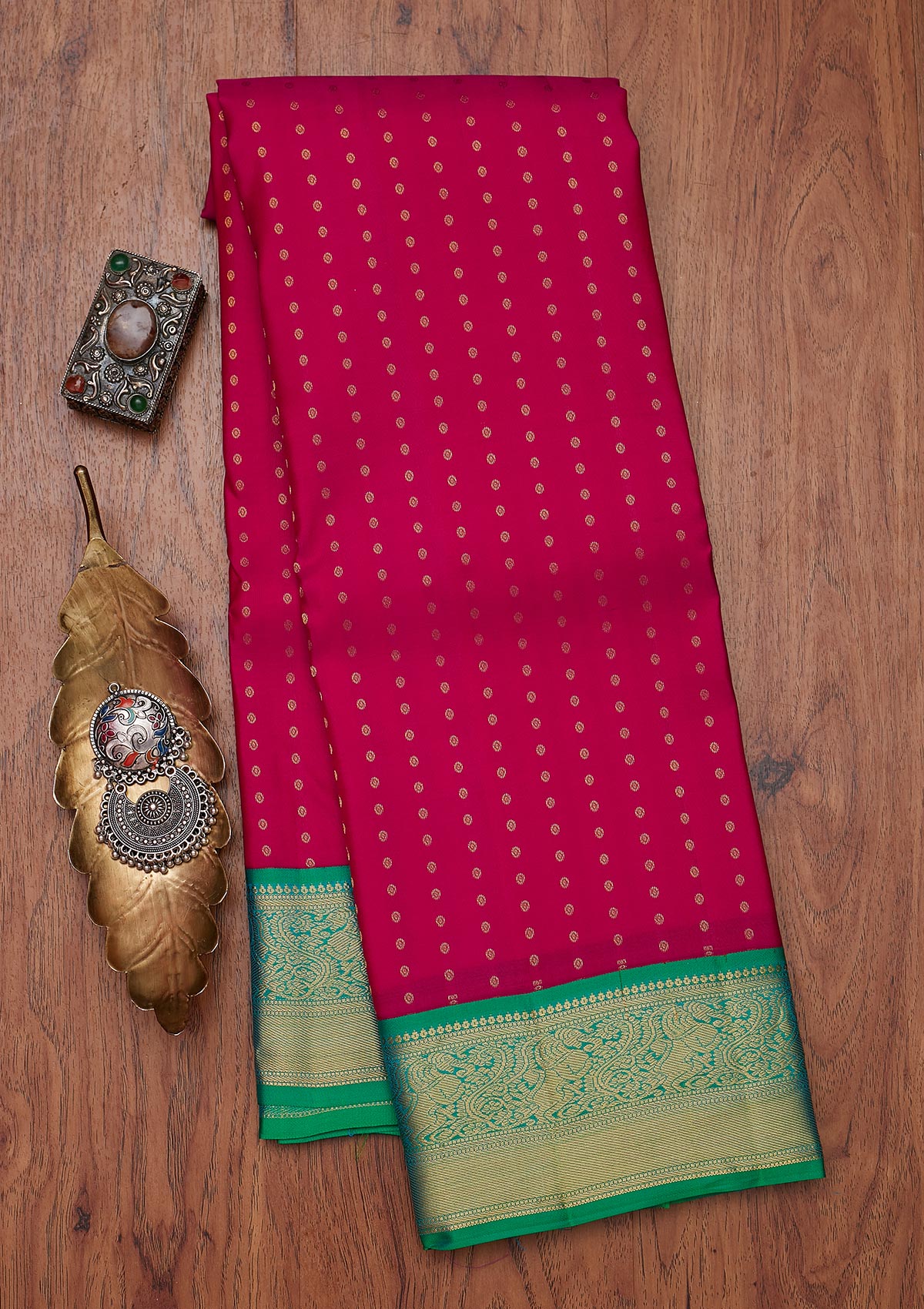 Rani Pink Zariwork Pure Silk Designer Unstitched Saree - Koskii