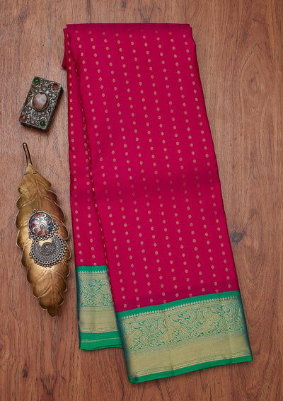Rani Pink Zariwork Pure Silk Designer Unstitched Saree - Koskii