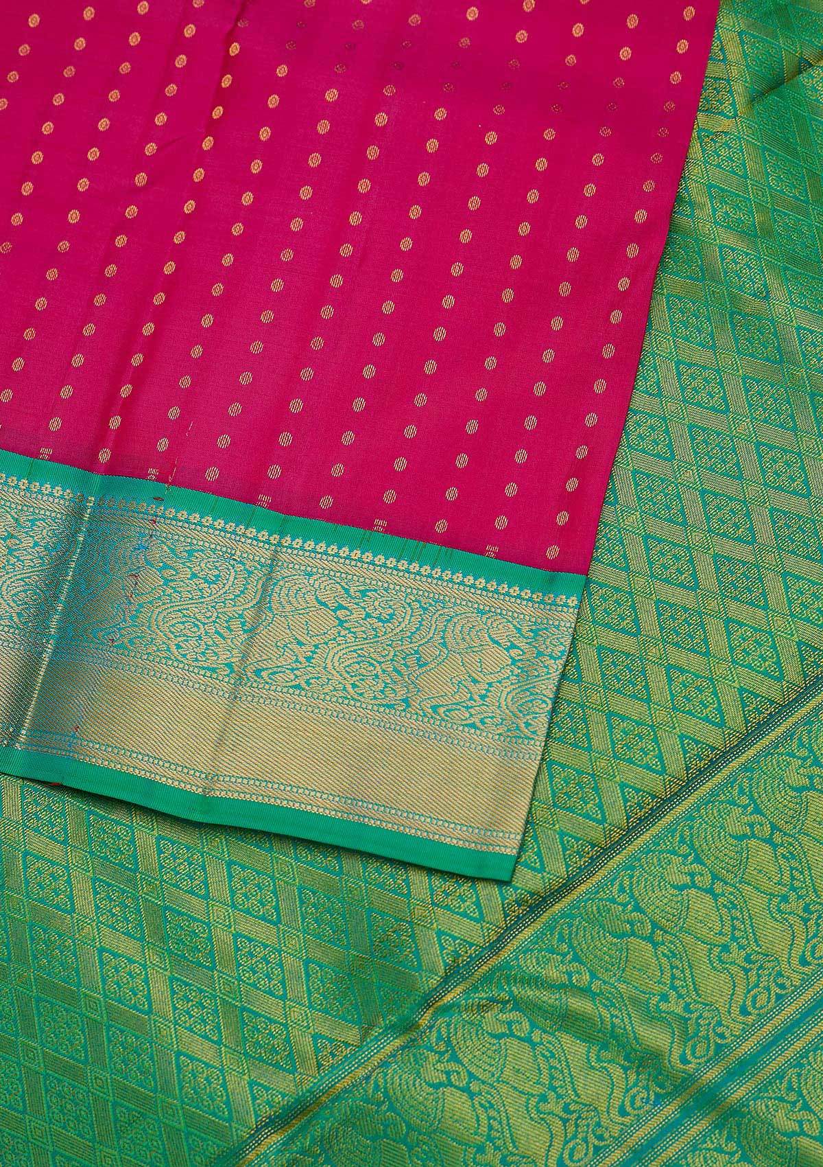 Rani Pink Zariwork Pure Silk Designer Unstitched Saree - Koskii