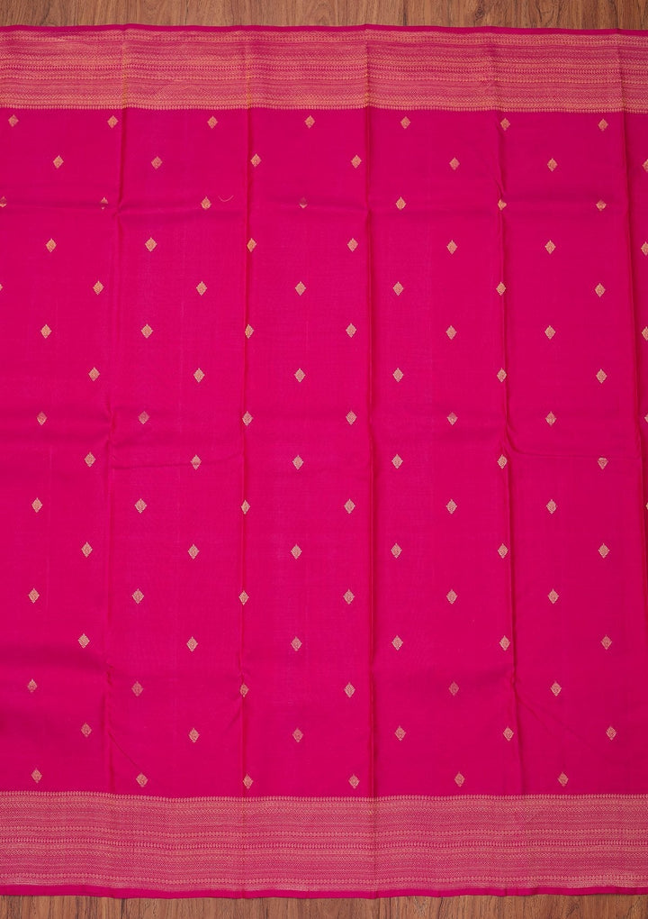 Rani Pink Zariwork Pure Silk Designer Unstitched Saree - Koskii