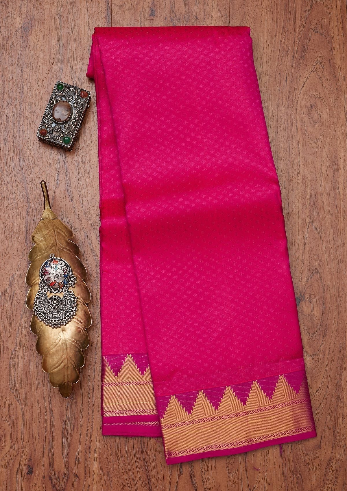Rani Pink Zariwork Pure Silk Designer Unstitched Saree - Koskii