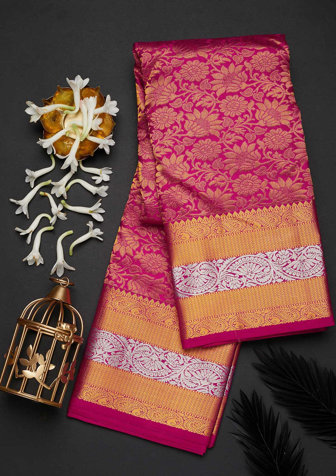 Rani Pink Zariwork Pure Silk Designer Saree - Koskii