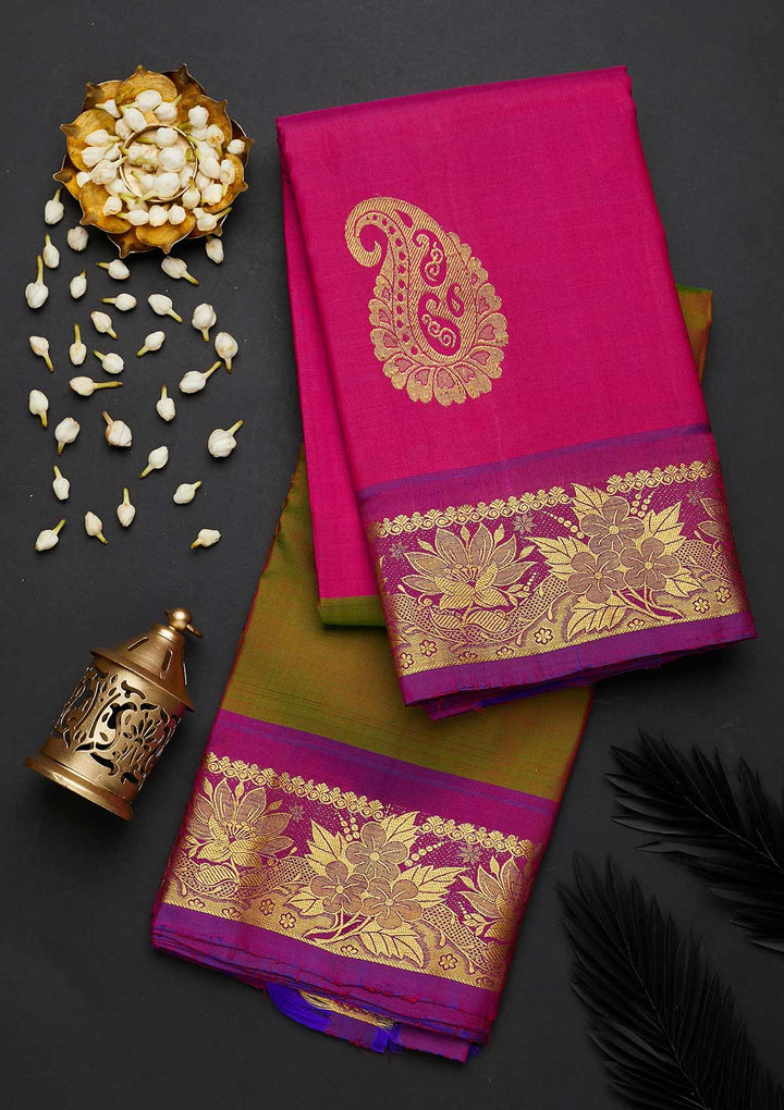 Rani Pink Zariwork Pure Silk Designer Saree - Koskii
