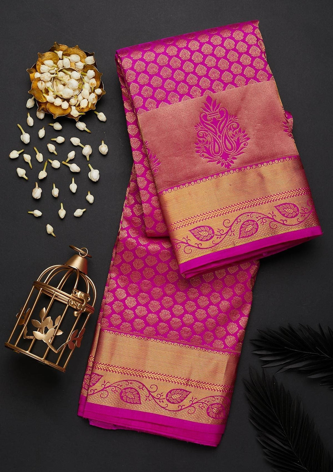 Rani Pink Zariwork Pure Silk Designer Saree - Koskii