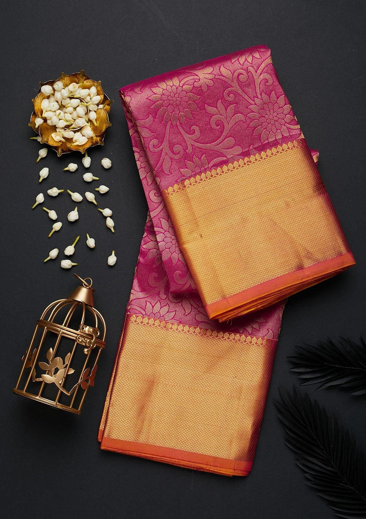 Rani Pink Zariwork Pure Silk Designer Saree - Koskii