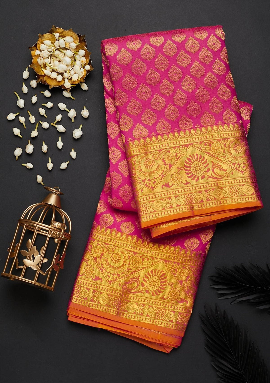 Rani Pink Zariwork Pure Silk Designer Saree - Koskii