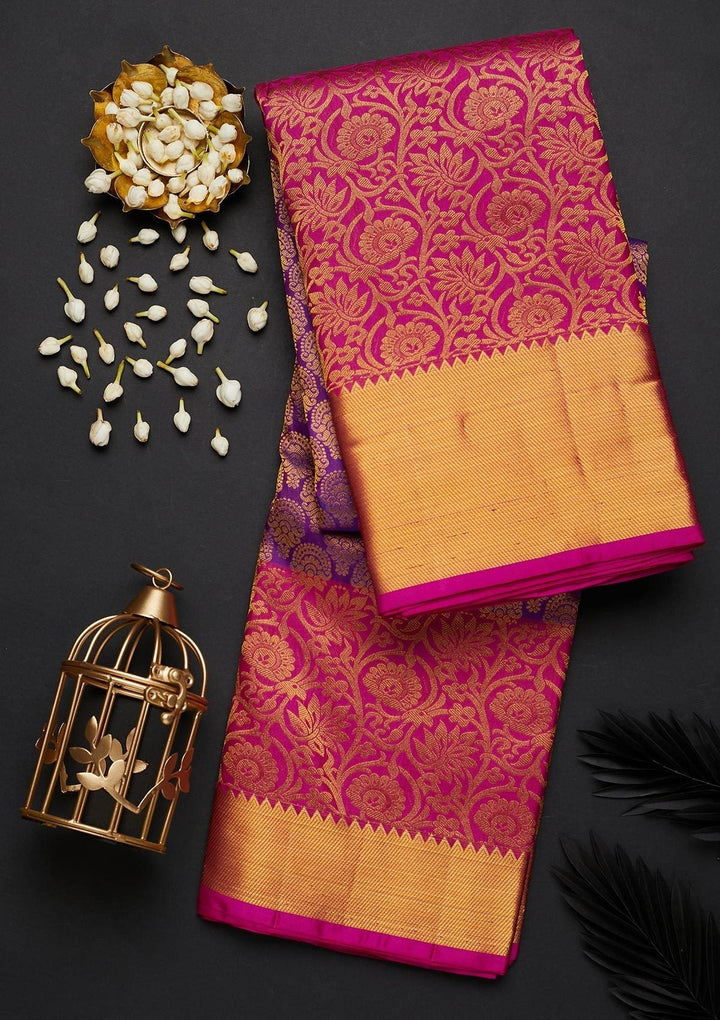 Rani Pink Zariwork Pure Silk Designer Saree - Koskii