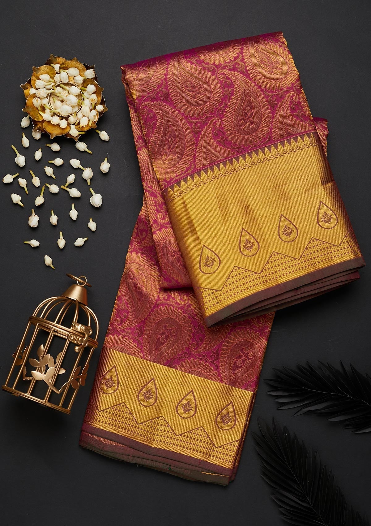 Rani Pink Zariwork Pure Silk Designer Saree - Koskii