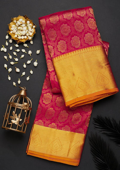Rani Pink Zariwork Pure Silk Designer Saree - Koskii