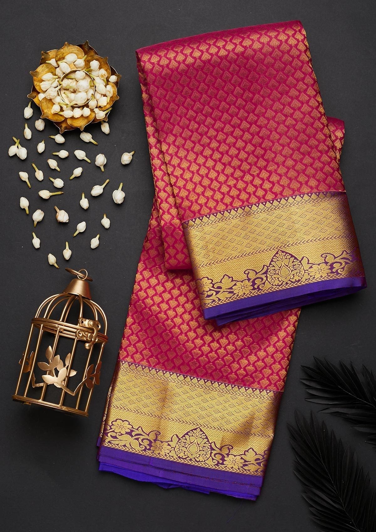 Rani Pink Zariwork Pure Silk Designer Saree - Koskii