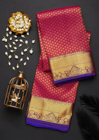 Rani Pink Zariwork Pure Silk Designer Saree - Koskii