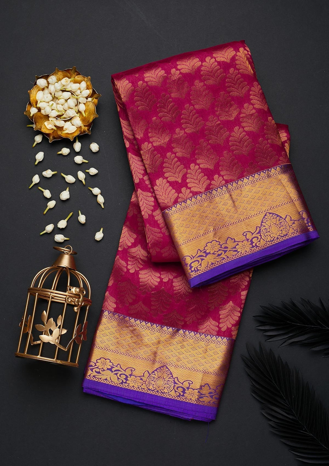 Rani Pink Zariwork Pure Silk Designer Saree - Koskii