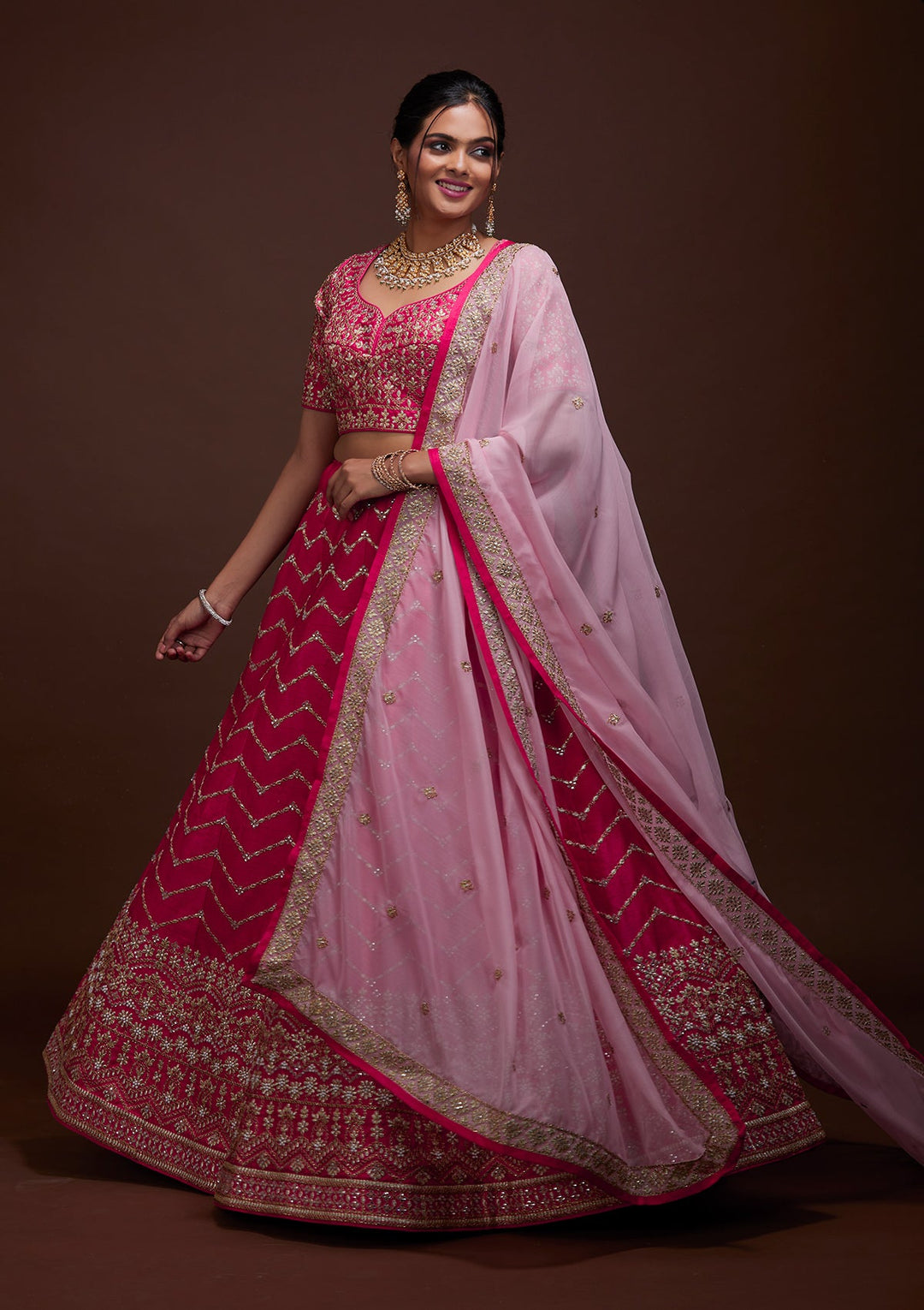 Rani Pink Zariwork Raw Silk Lehenga-Koskii