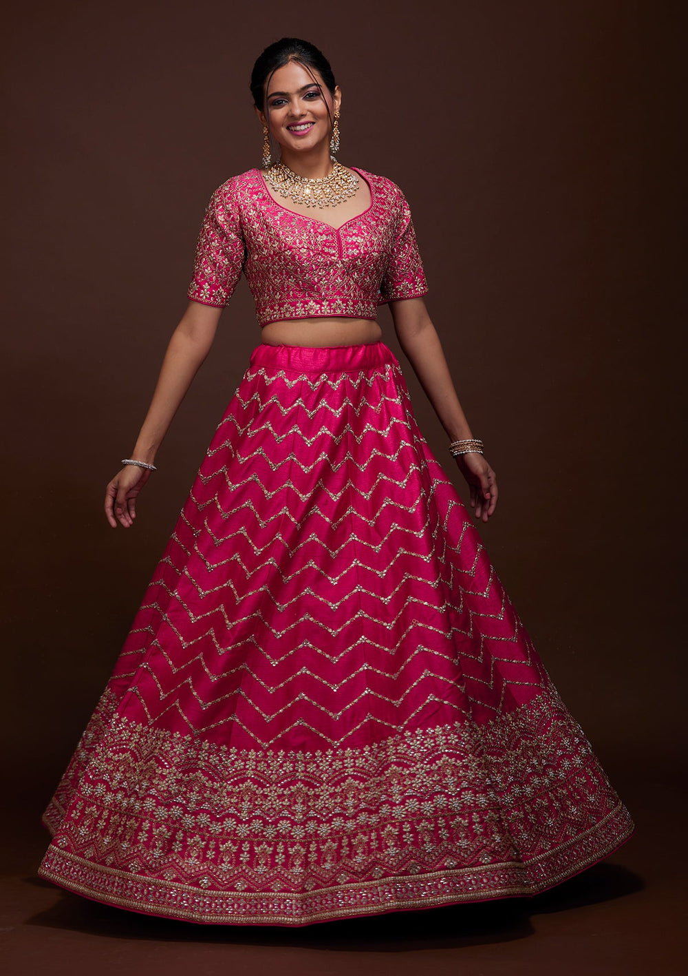 Rani Pink Zariwork Raw Silk Lehenga-Koskii
