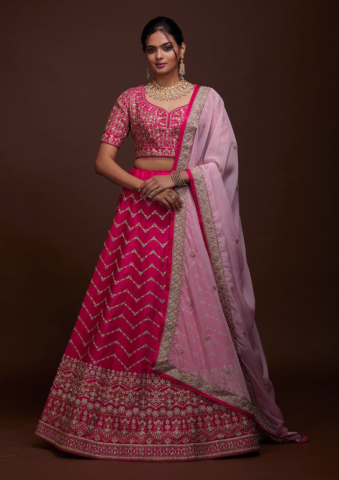 Rani Pink Zariwork Raw Silk Lehenga-Koskii