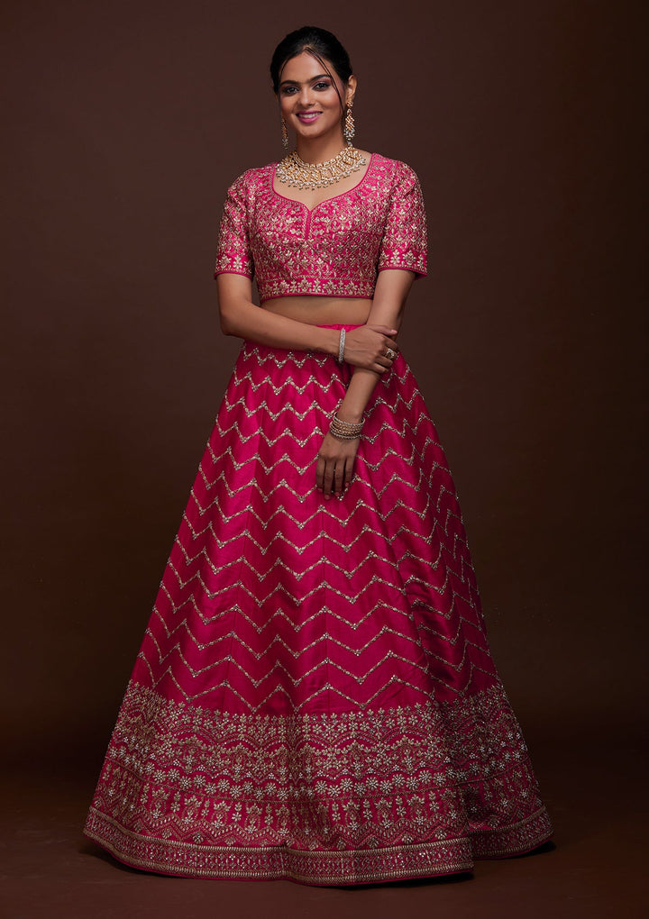 Rani Pink Zariwork Raw Silk Lehenga-Koskii