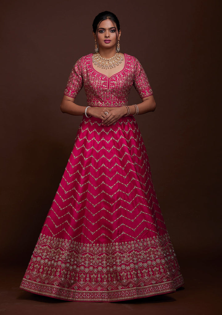 Rani Pink Zariwork Raw Silk Lehenga-Koskii
