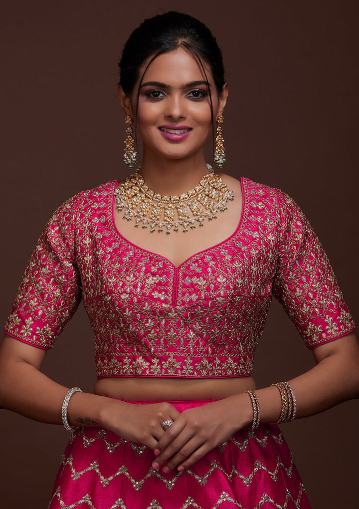 Rani Pink Zariwork Raw Silk Lehenga-Koskii