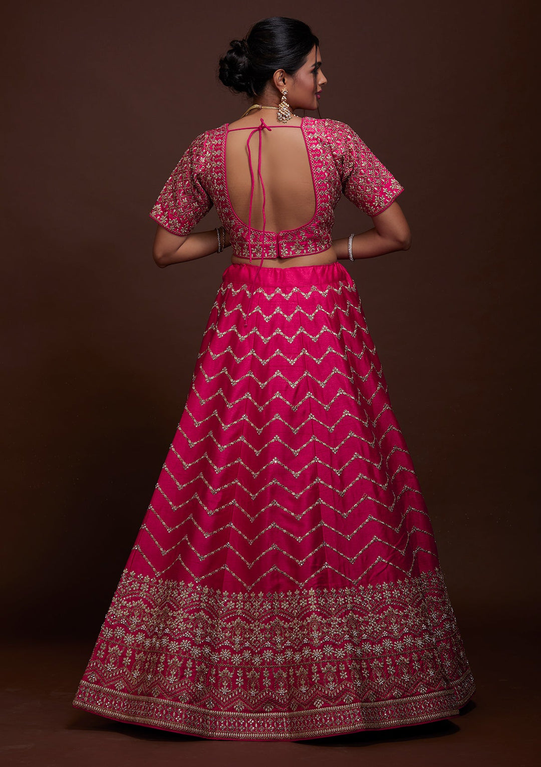 Rani Pink Zariwork Raw Silk Lehenga-Koskii