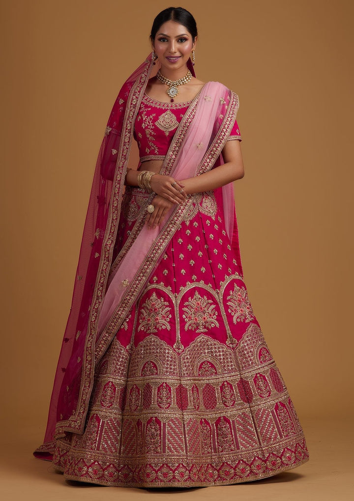 Rani Pink Zariwork Raw Silk Designer Semi-Stitched Lehenga - koskii