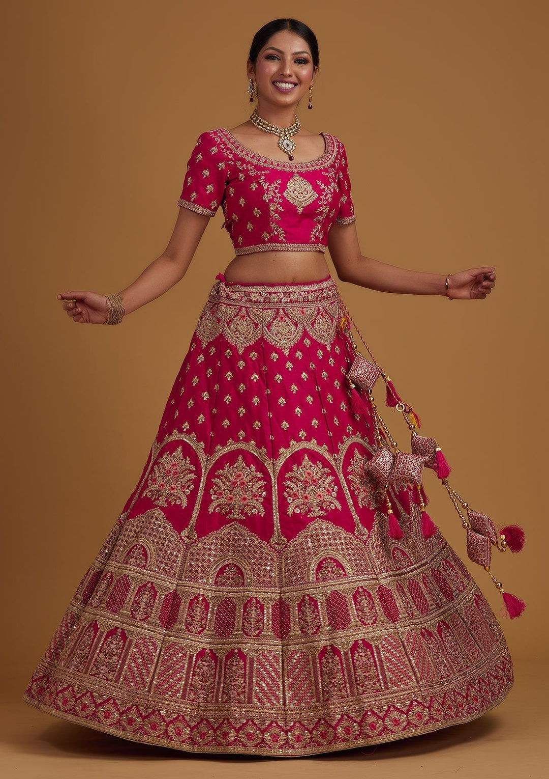 Rani Pink Zariwork Raw Silk Designer Semi-Stitched Lehenga - koskii