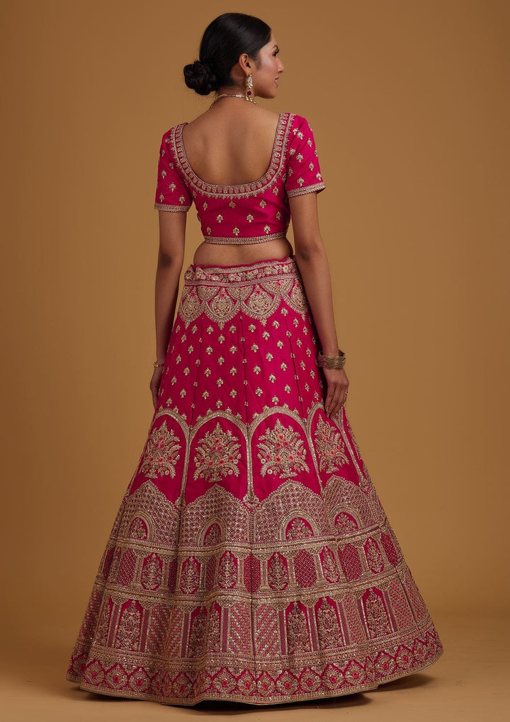 Rani Pink Zariwork Raw Silk Designer Semi-Stitched Lehenga - koskii