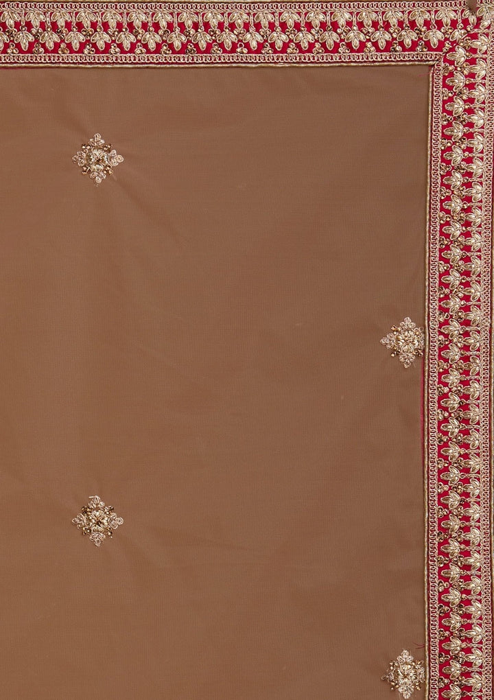 Rani Pink Zariwork Raw Silk Designer Semi-Stitched Lehenga - koskii