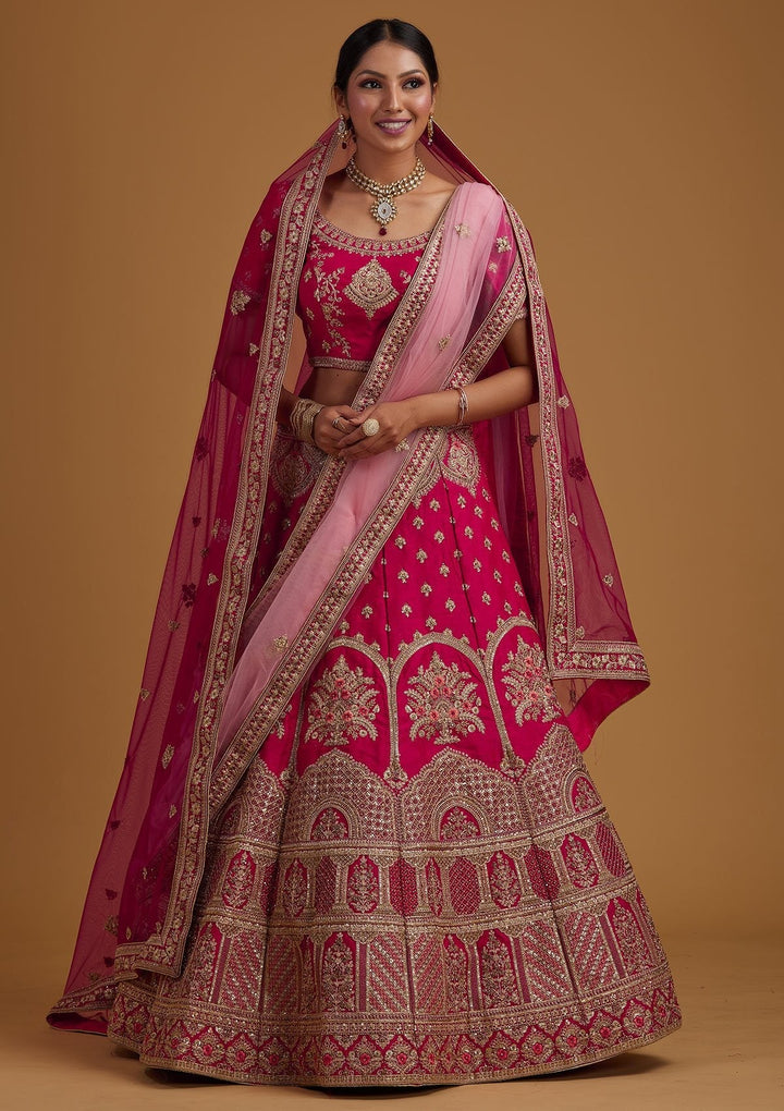 Rani Pink Zariwork Raw Silk Designer Semi-Stitched Lehenga - koskii