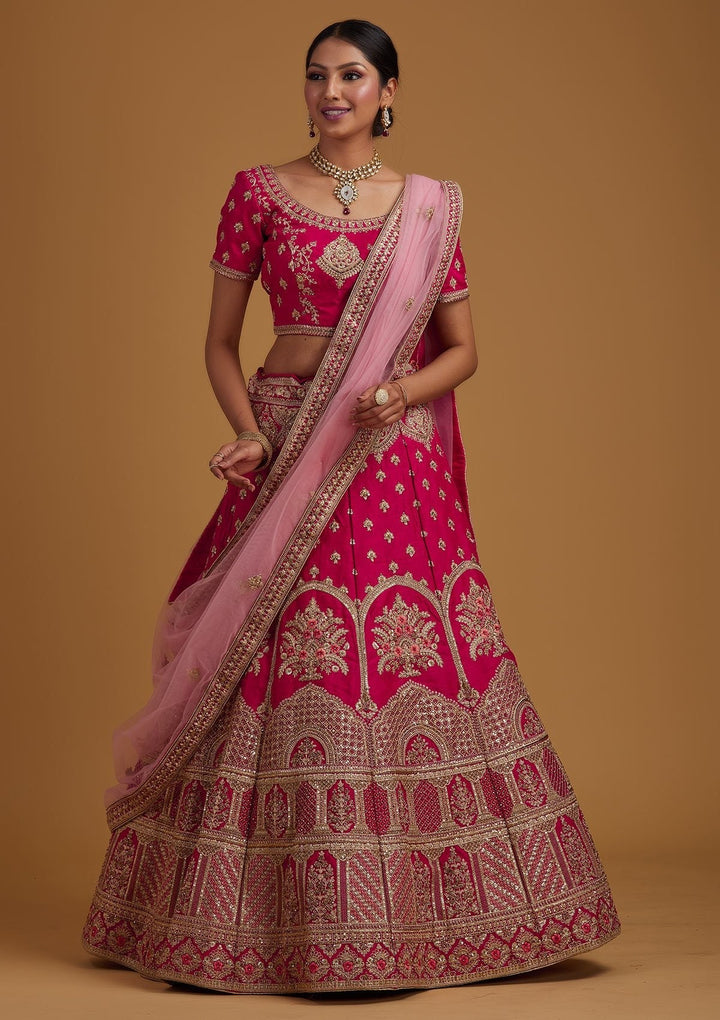 Rani Pink Zariwork Raw Silk Designer Semi-Stitched Lehenga - koskii