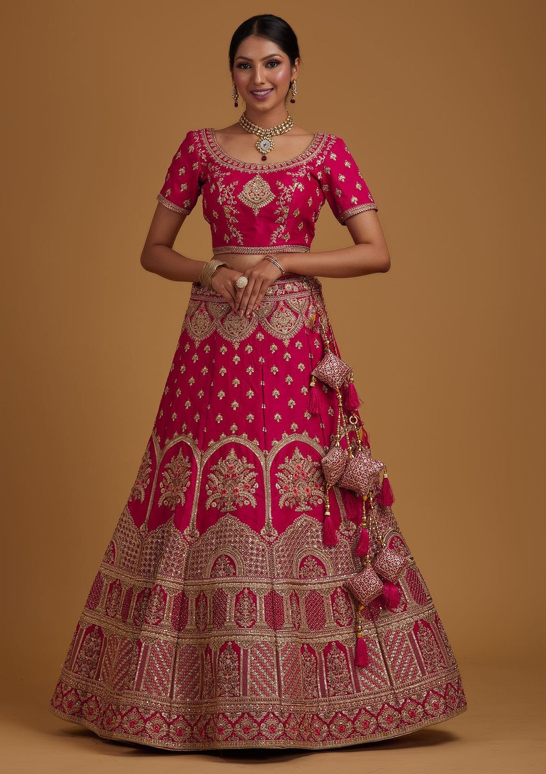 Rani Pink Zariwork Raw Silk Designer Semi-Stitched Lehenga - koskii