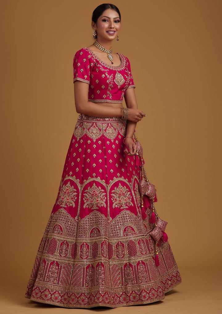 Rani Pink Zariwork Raw Silk Designer Semi-Stitched Lehenga - koskii