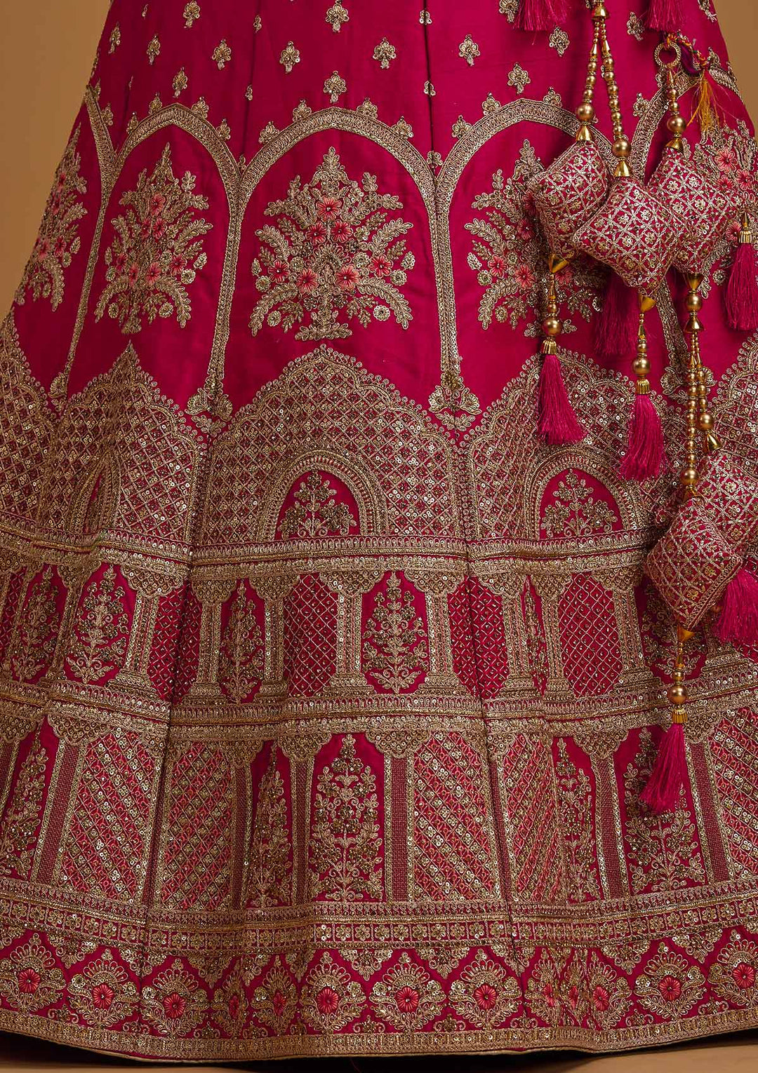 Rani Pink Zariwork Raw Silk Designer Semi-Stitched Lehenga - koskii