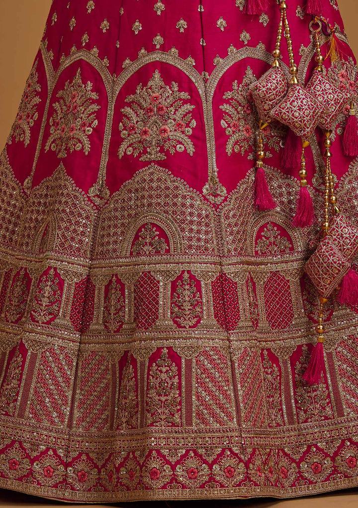 Rani Pink Zariwork Raw Silk Designer Semi-Stitched Lehenga - koskii