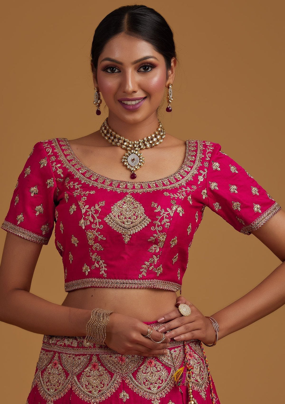 Rani Pink Zariwork Raw Silk Designer Semi-Stitched Lehenga - koskii