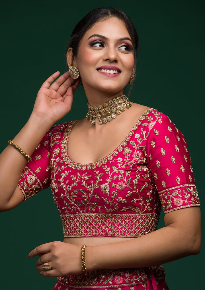 Rani Pink Zariwork Raw Silk Lehenga-koskii