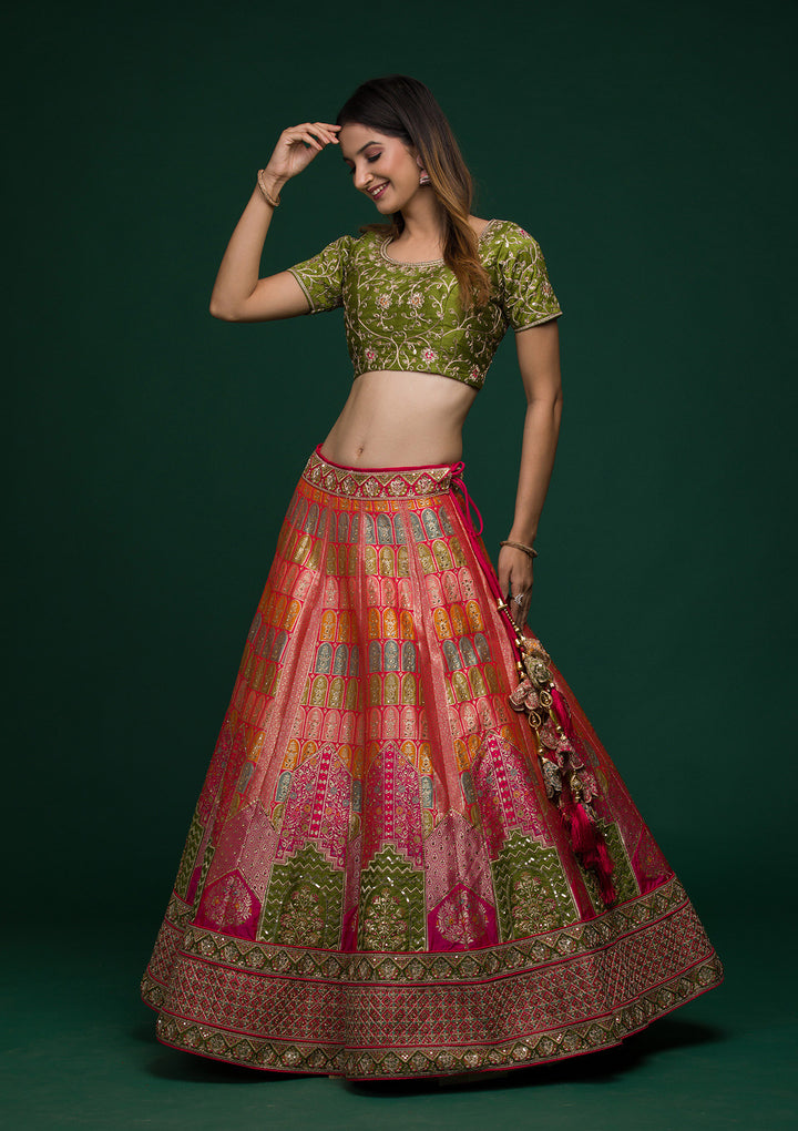Rani Pink Zariwork Raw Silk Lehenga-Koskii