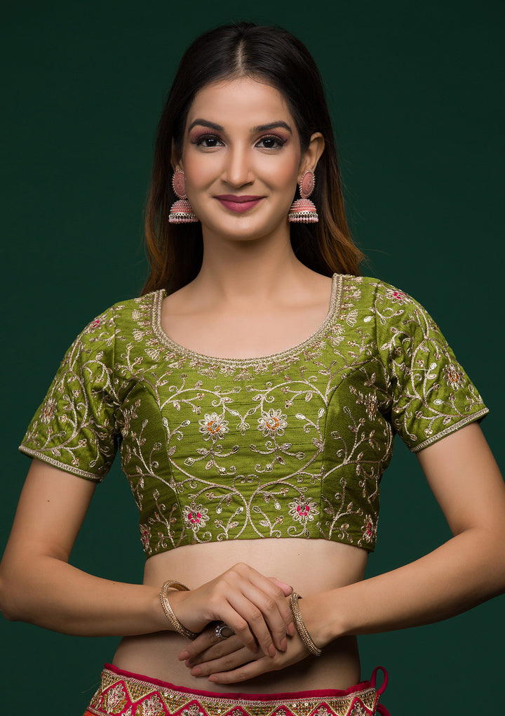 Rani Pink Zariwork Raw Silk Lehenga-Koskii